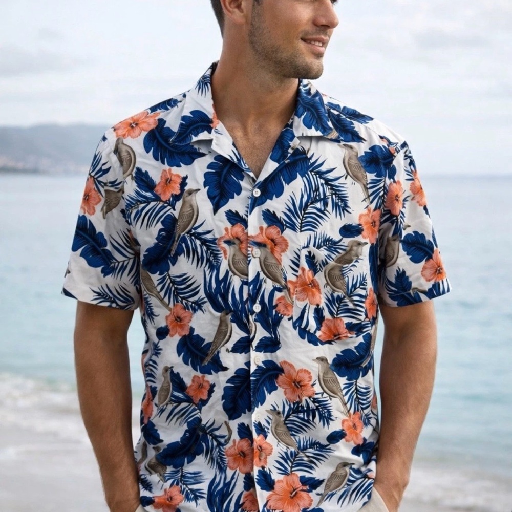 On Shore Hawaiian Shirt XL Tropical Bird Floral Button Up